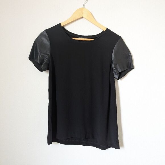 Club Monaco black silk leather short sleeve crewneck relaxed fit T-shirt tee - Picture 1 of 4